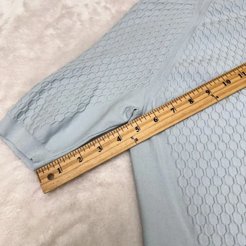 Per Se Women Light Blue Cotton Blend Textured Knit Short Sleeve Sweater Top Sz M